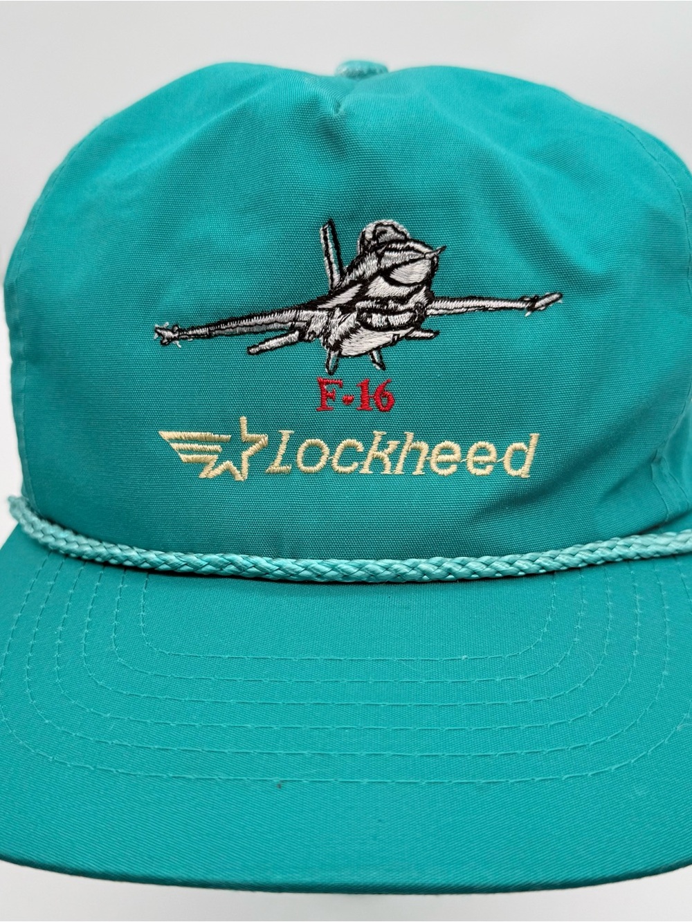 VTG Lockheed F-16 Jet Adjustable Trucker Hat Cap Rope Embroidered Teal Airplane